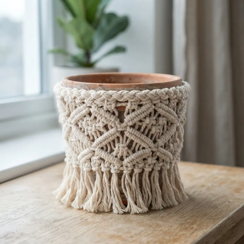 Flower Pot Restoration Ideas showing a bohemian garden pot wrapped in cream macrame cords with layered knots.