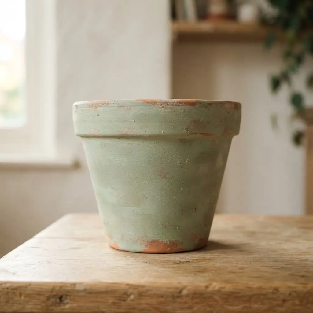 Sage green planter with uneven limewash, pale brush marks, and a softly aged surface in natural light.