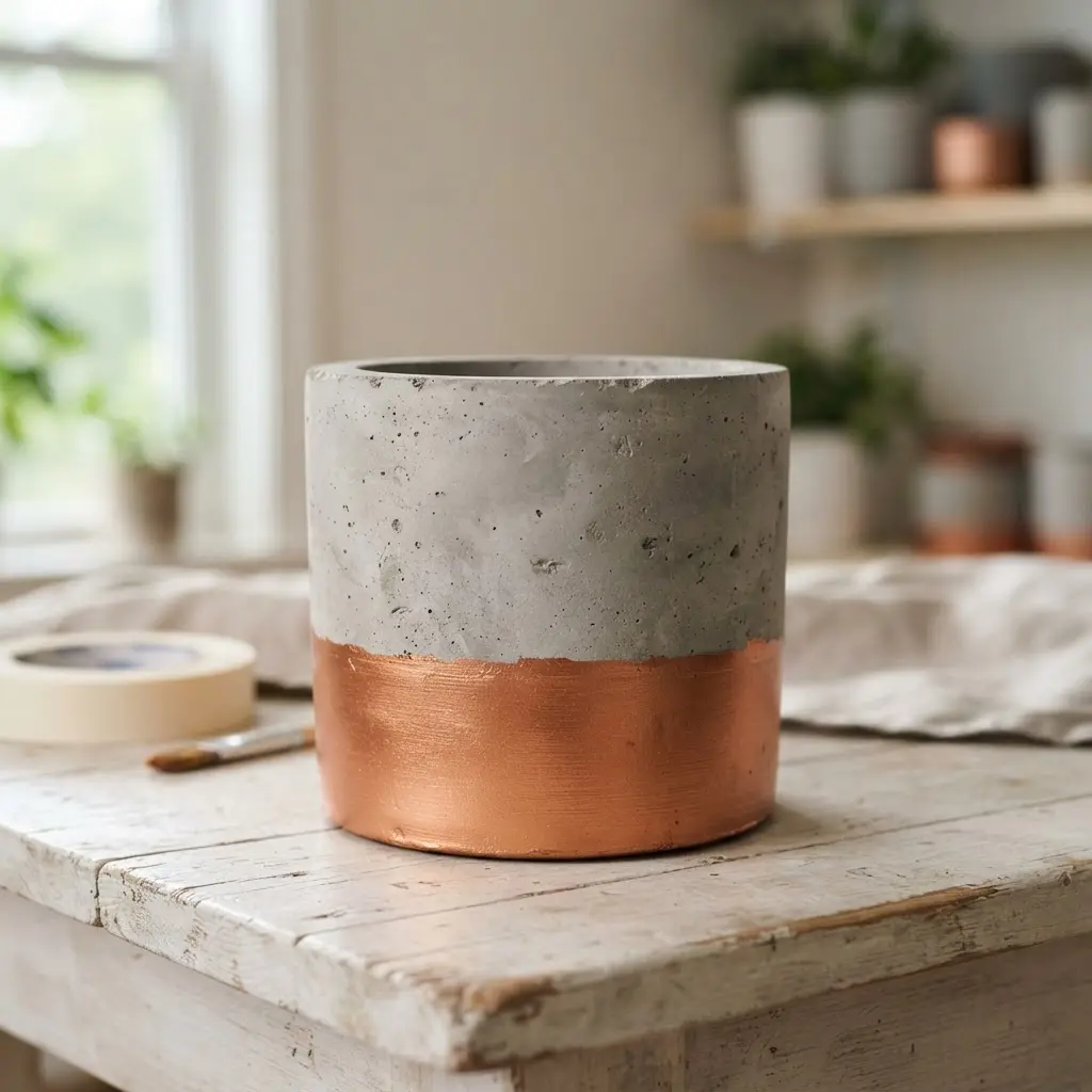 Flower Pot Restoration Ideas featuring a concrete pot with a sharp metallic copper dip and matte gray upper half.