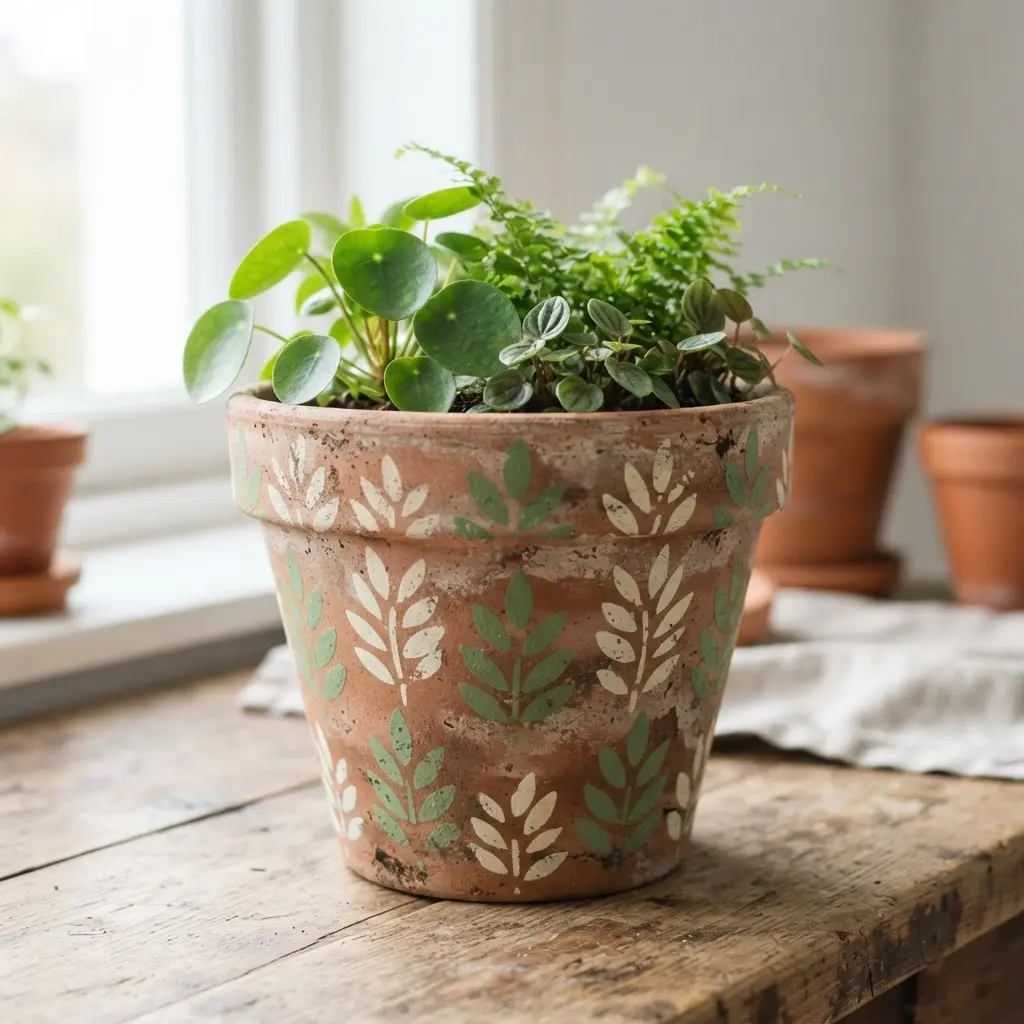Terracotta herb container with green botanical stencils, painted plant labels, and fresh kitchen herbs.