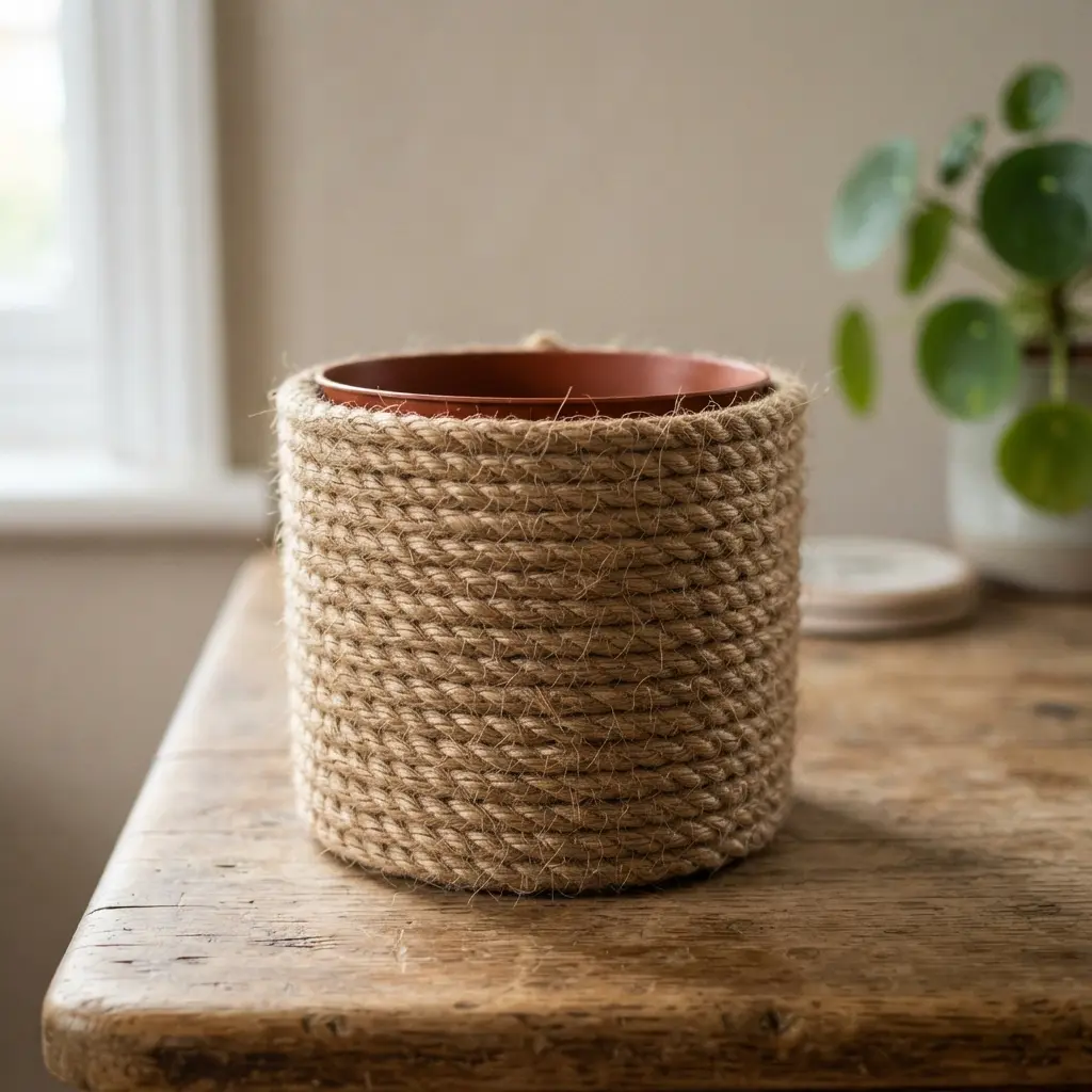 Flower Pot Restoration Ideas showing a jute rope planter sleeve with tight coils, warm fibers, and a clean rim.