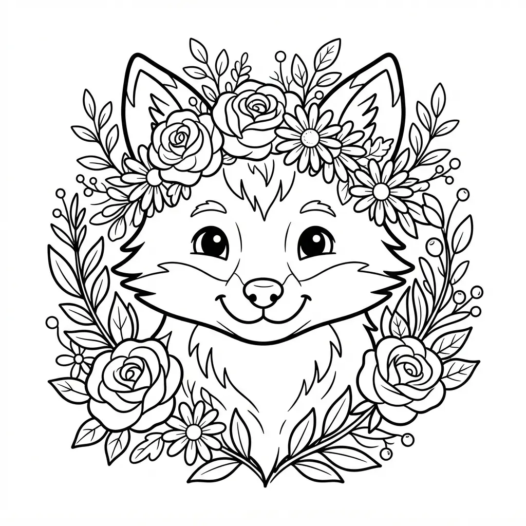 Fox profile filled with swirls, leaves, dots, and curved line patterns against a plain white background.