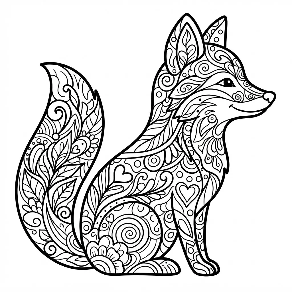 A fox head portrait surrounded by roses, daisies, leafy stems, and small botanical accents.