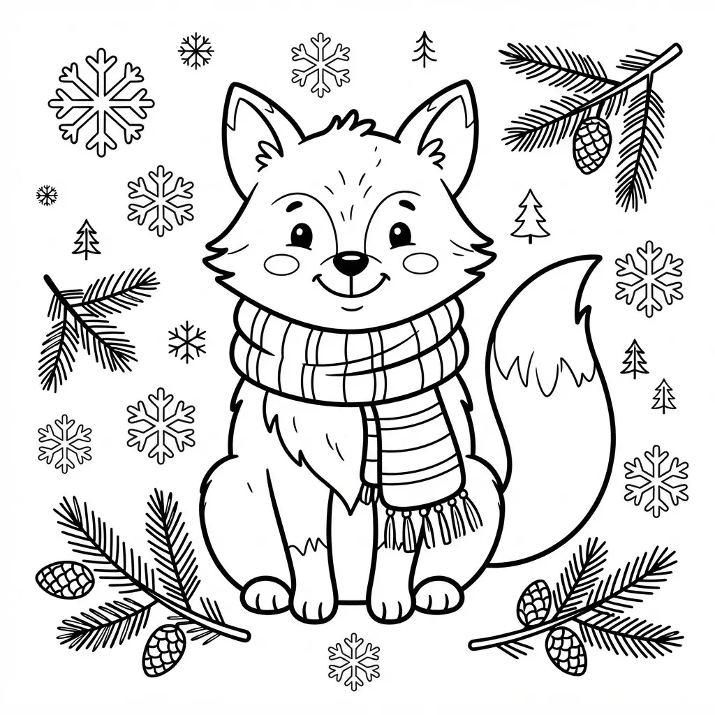 A kawaii fox holding a steaming mug of hot cocoa beside a window with snow outside.