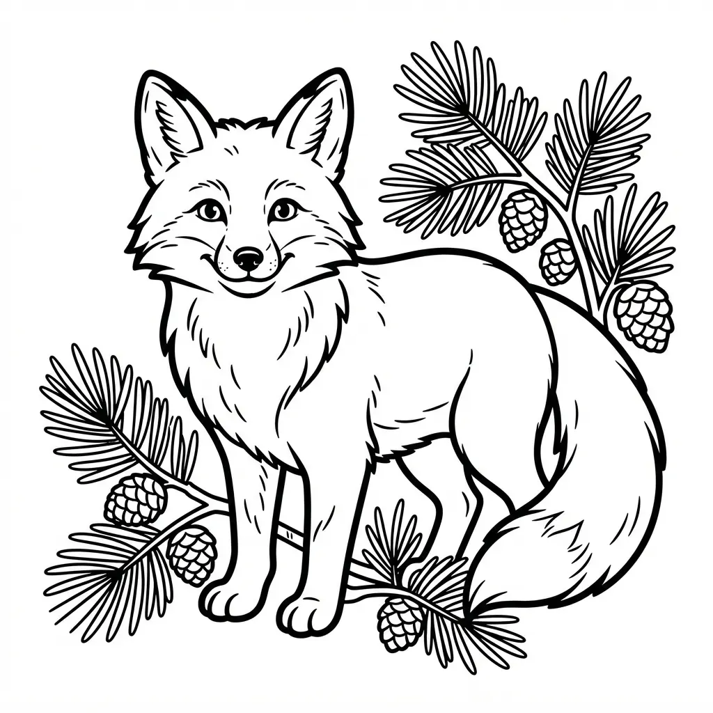 Fox head framed by oak leaves, acorns, and thin branches in a nature-themed fox coloring pages design.