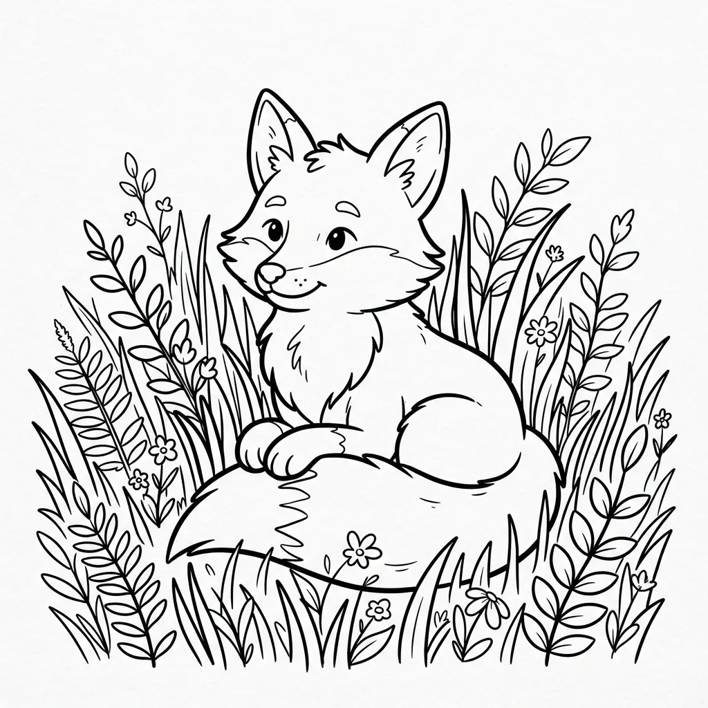 Fox coloring pages featuring a realistic red fox beside trees, ferns, and leafy woodland plants.