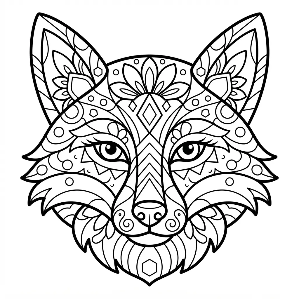 Fox coloring pages showing a sitting fox filled with circular mandala sections and repeated floral patterns.