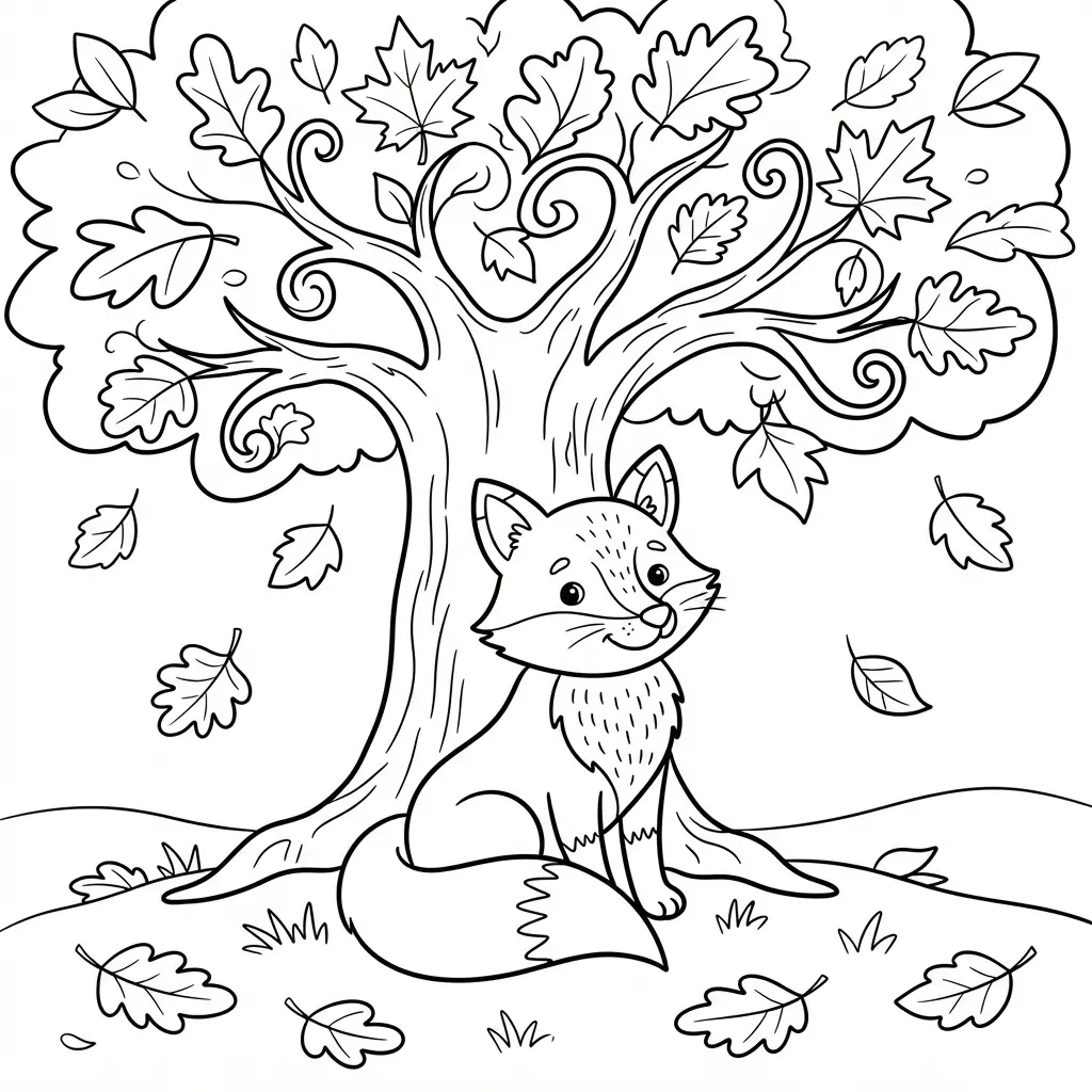 Fox coloring pages featuring an arctic fox in a snowy field with icy trees and falling snowflakes.