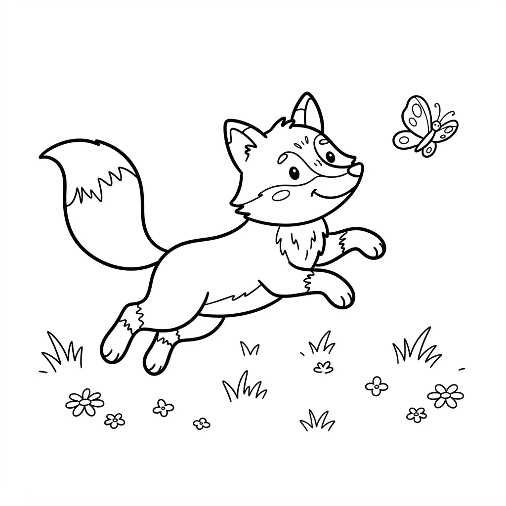 Fox coloring pages showing a sleeping fox beneath large mushrooms, fern fronds, and curved forest grasses.