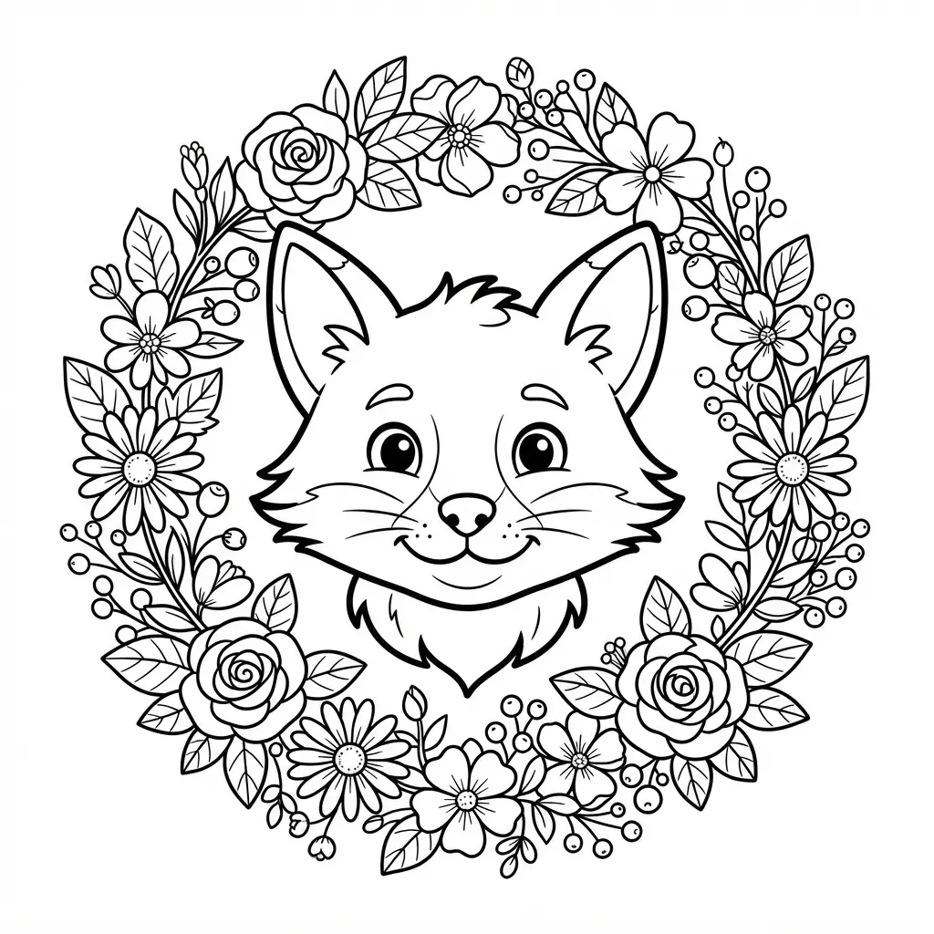 Fox coloring pages showing a playful baby fox running after butterflies near flowers and tall meadow grass.