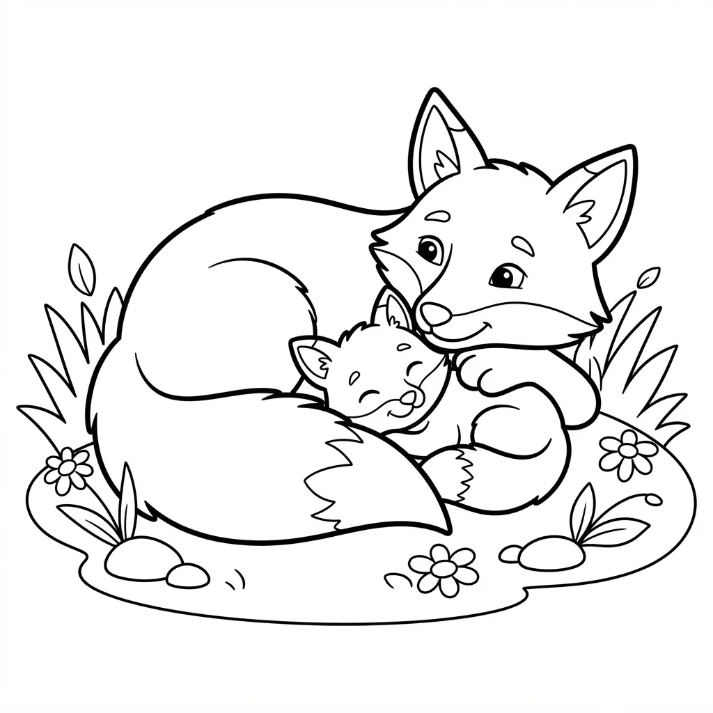 Fox coloring pages showing a fennec fox beside palm trees, sand dunes, water, and desert plants.