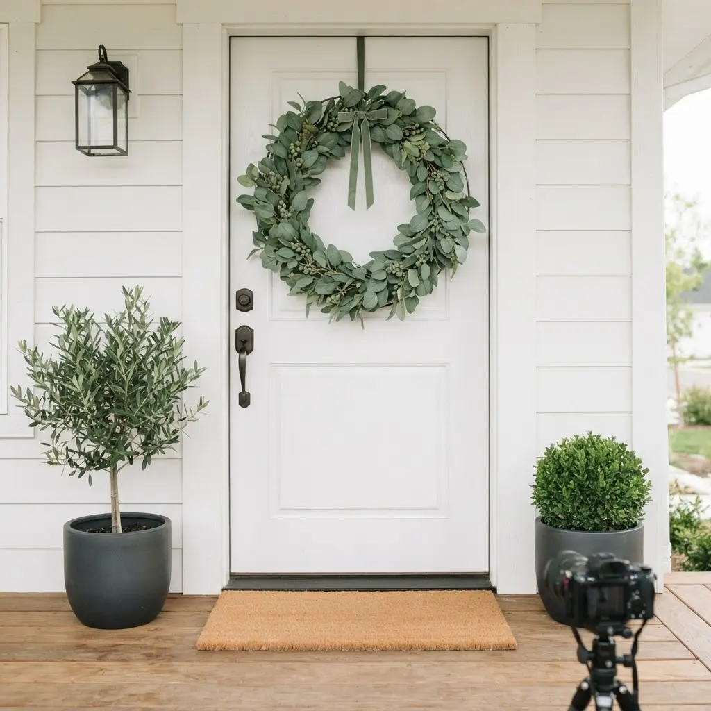 Oversized eucalyptus hoop wreath on a white door with a simple welcome mat and green planters.