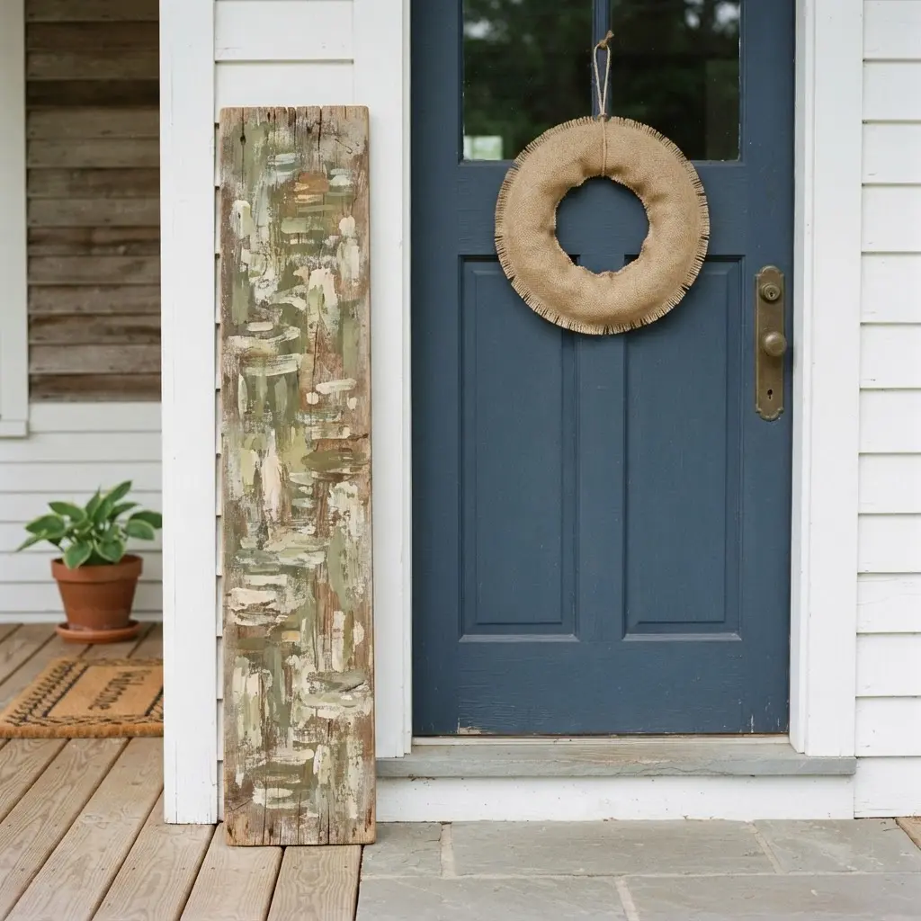 Rustic wooden welcome porch sign leaning beside a front door with a burlap wreath and boots.