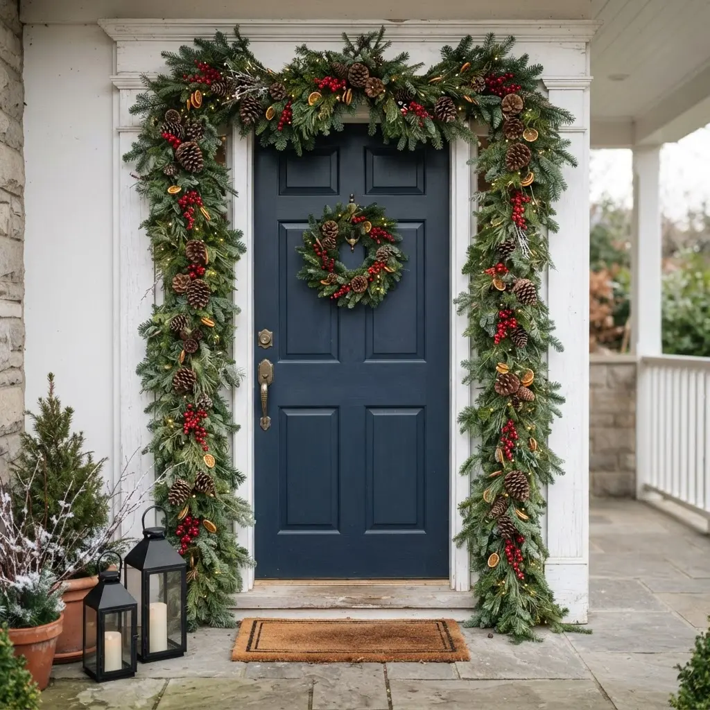 Evergreen garland wrapped around a white door frame, with pinecones and red berries.
