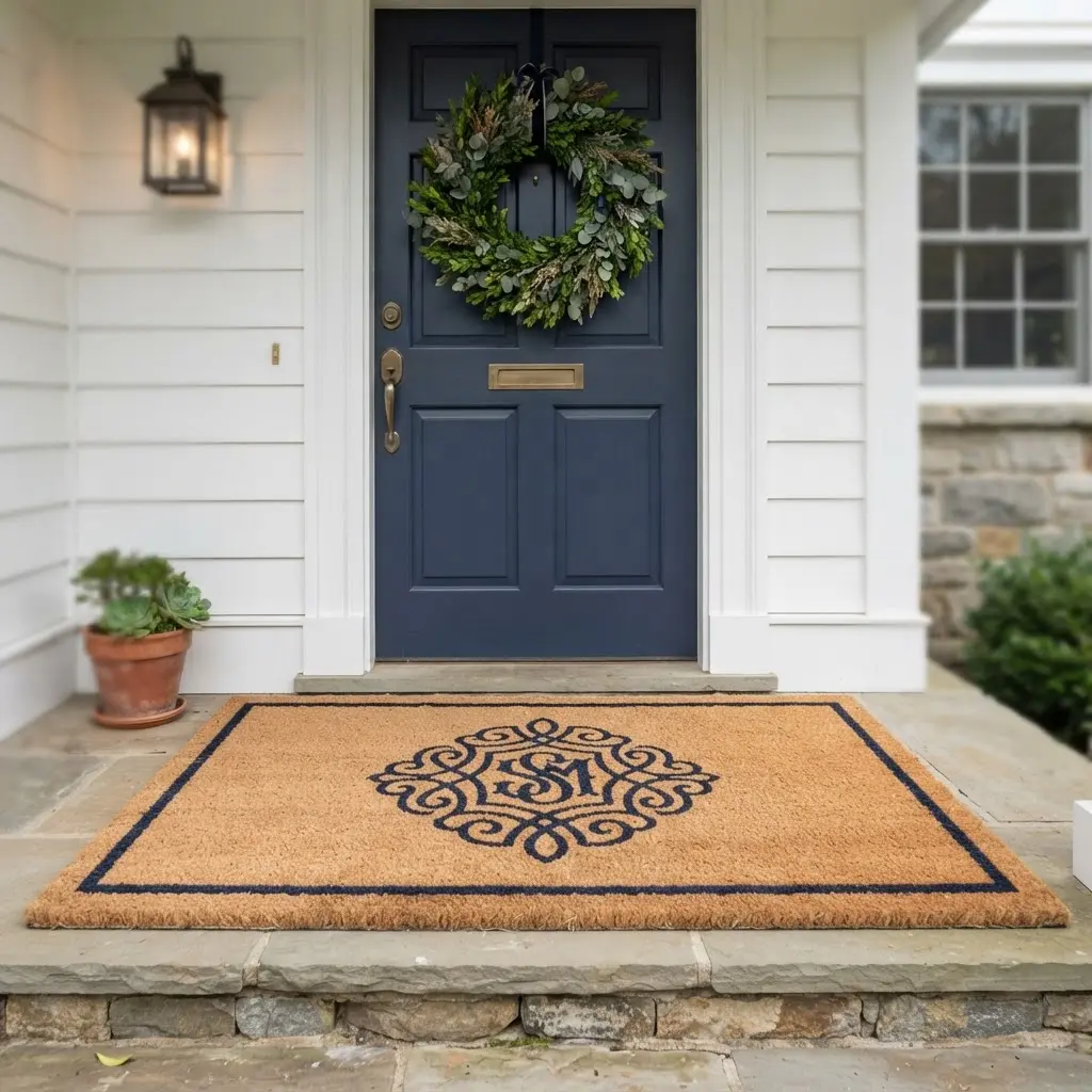Monogrammed coir entrance mat beneath a navy front door with a green wreath.