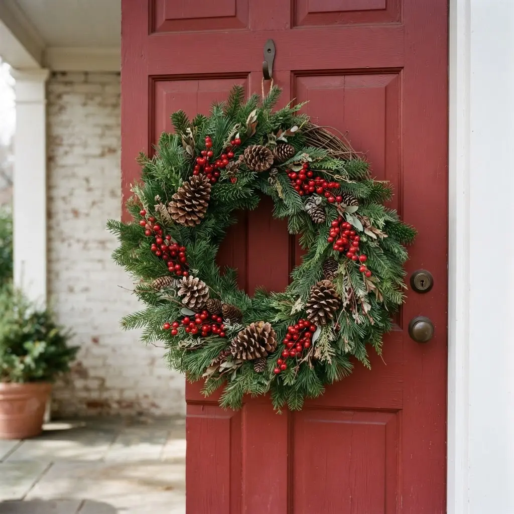Winter berry pinecone wreath on a red front door.