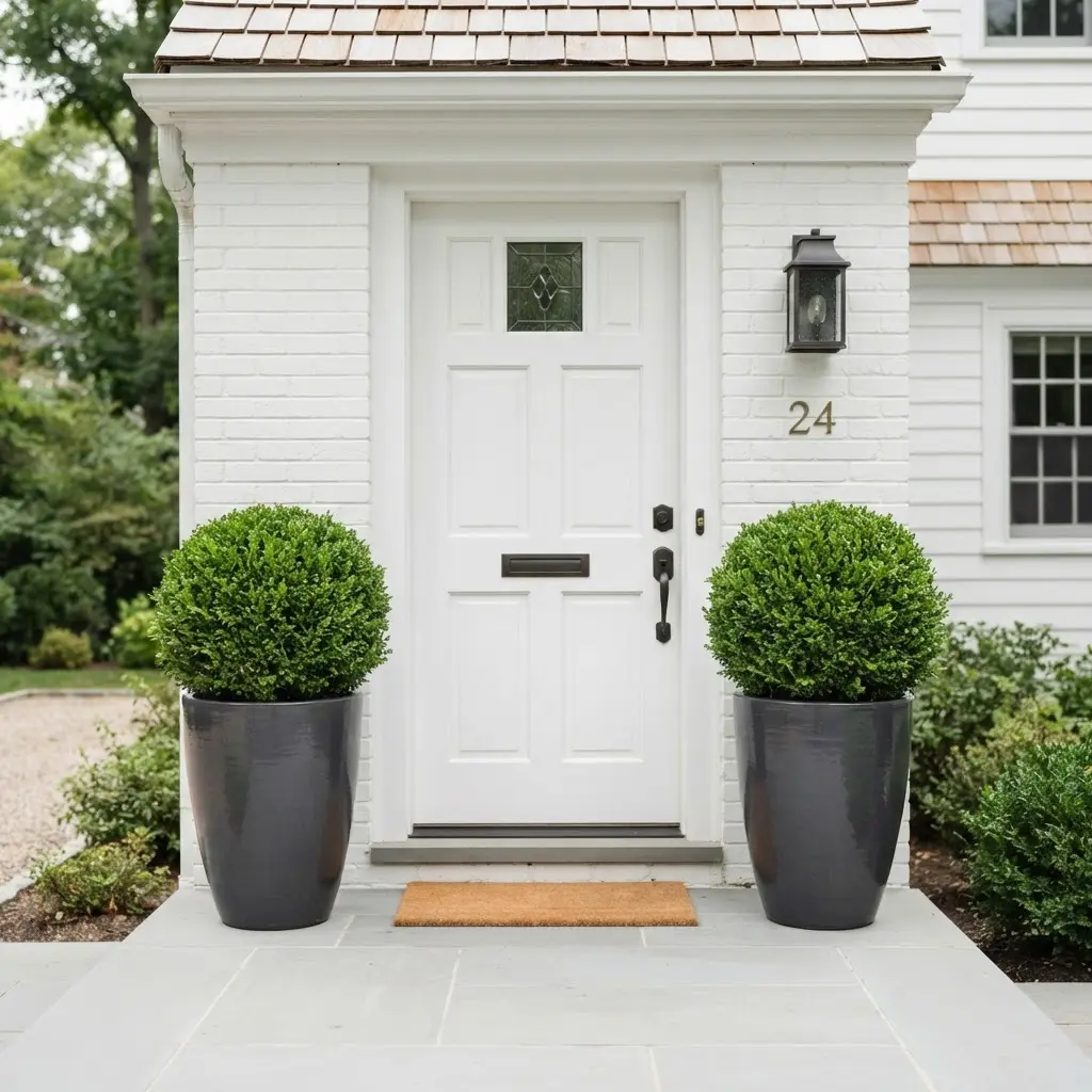 Matching boxwood topiaries in dark planters placed on both sides of a white front door.