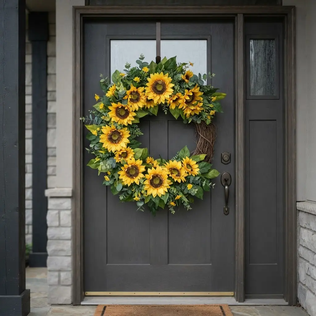 Sunflower summer wreath on a charcoal gray entry door.
