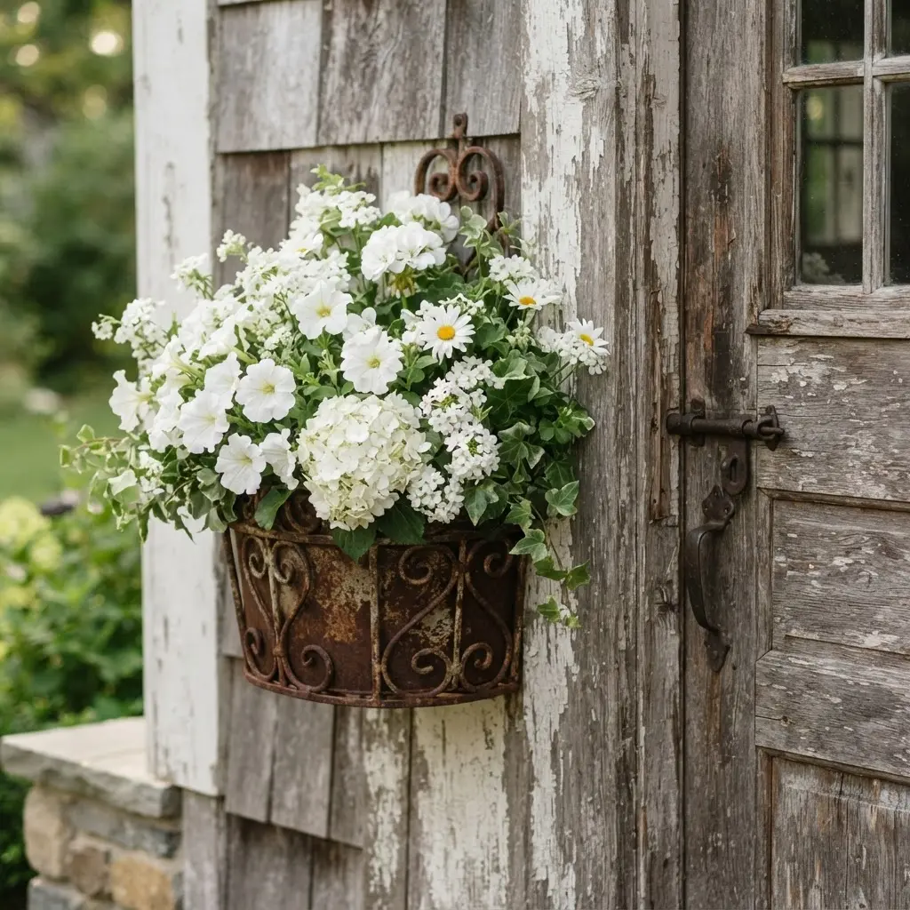 Vintage iron wall-mounted basket filled with white flowers beside a weathered front door.