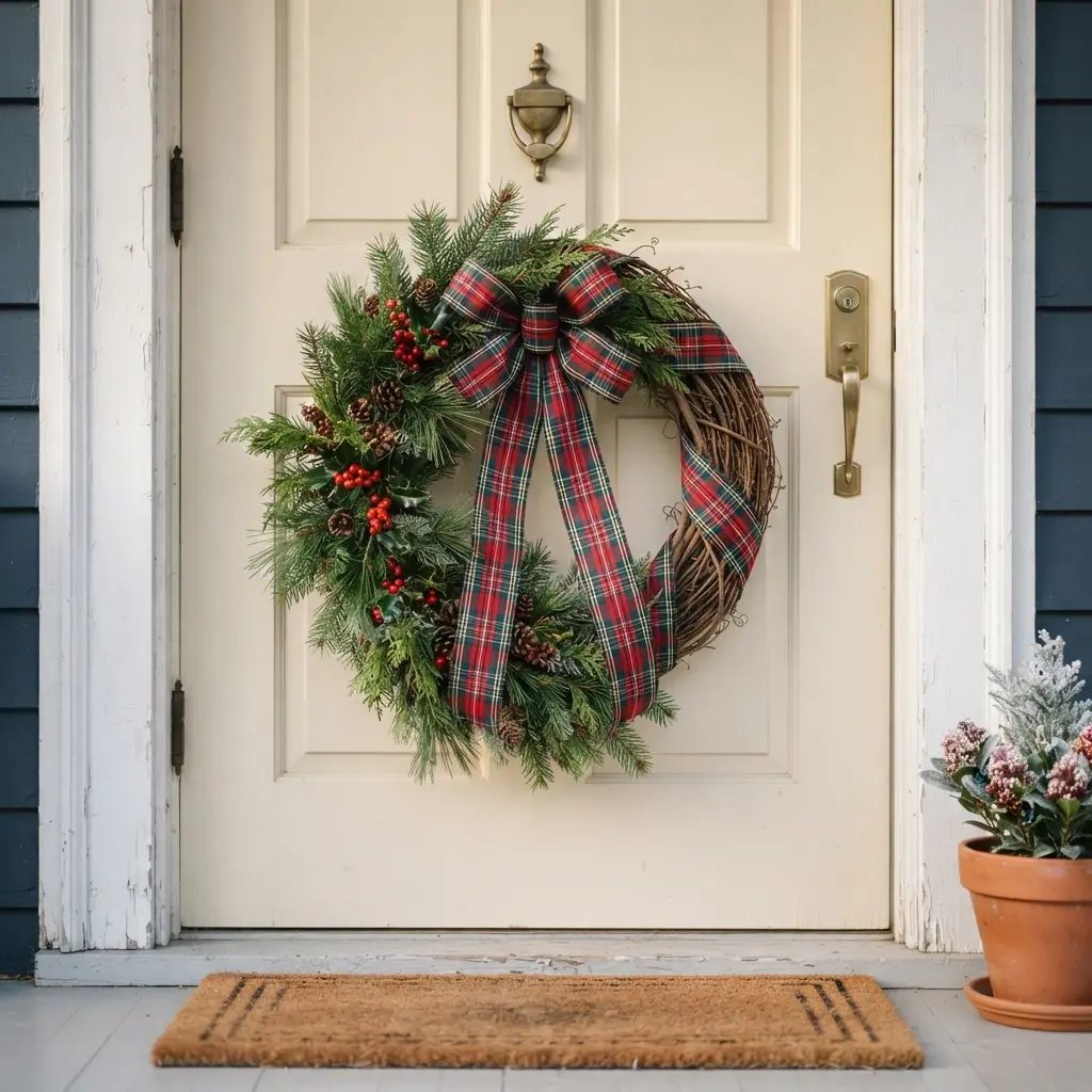Plaid ribbon-wrapped door wreath on a cream entry door.