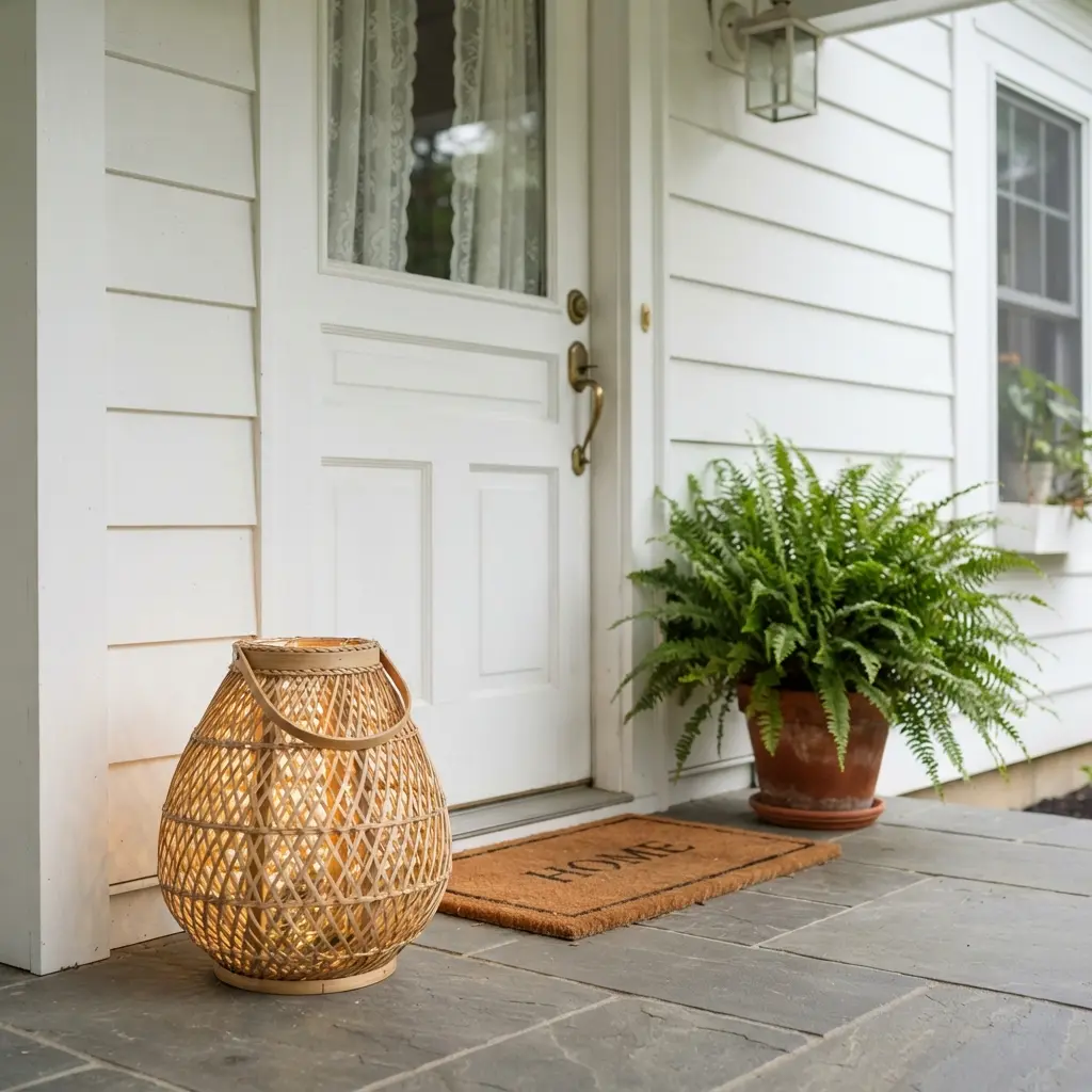 Rattan lantern glowing with fairy lights beside a white front door and potted fern.