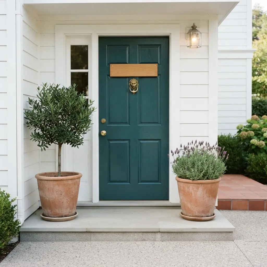 Teal painted front door with a brass knocker, warm wood sign, and terracotta pots on both sides.