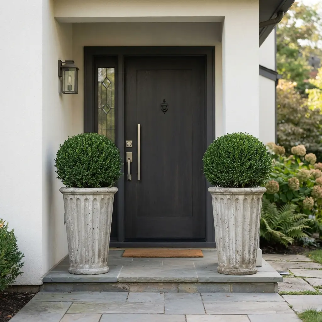 Tall fluted concrete floor planters standing on both sides of a dark front door.