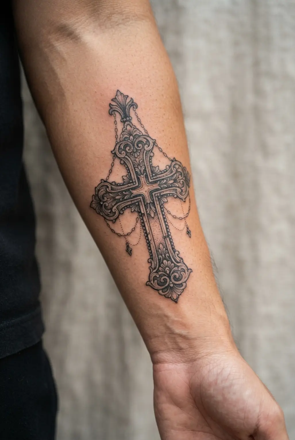 Gothic cross tattoo ideas showing an antique reliquary pendant cross with engraved metal details and chains.