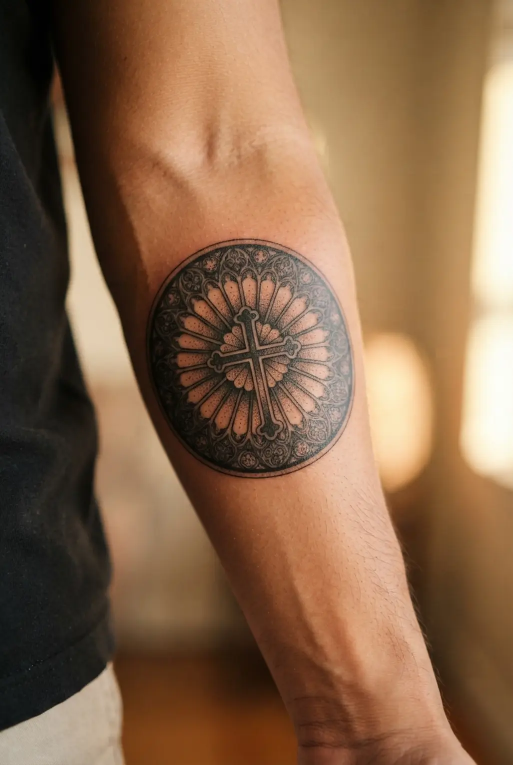A circular black ink cross sits inside a rose window with symmetrical cathedral geometry and shaded spokes.