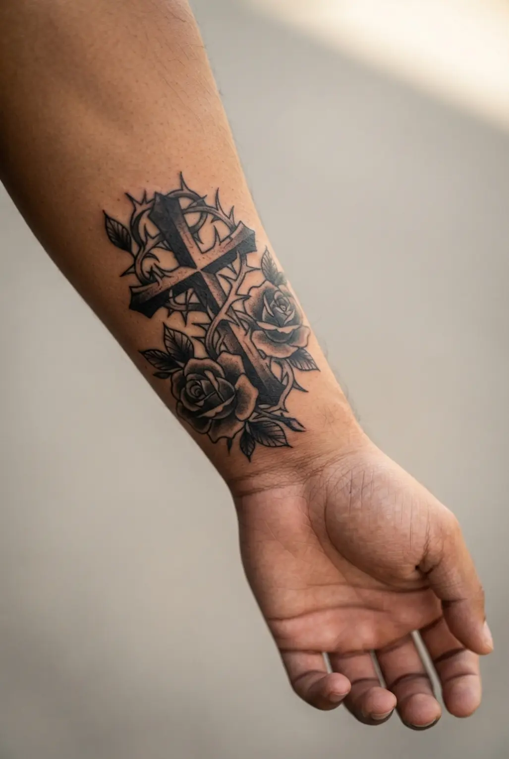 A black cross wrapped in thorny vines sits beside dark rose blooms with layered leaves and shadows.