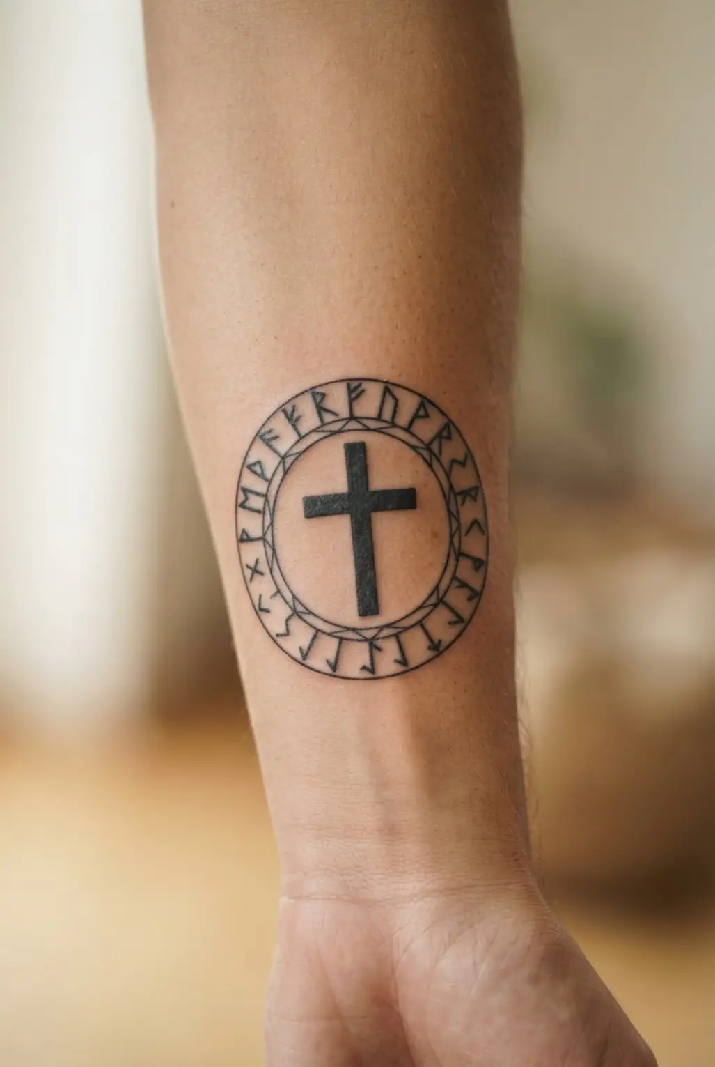 A black cross sits inside a circular rune border with evenly spaced symbols and precise linework.
