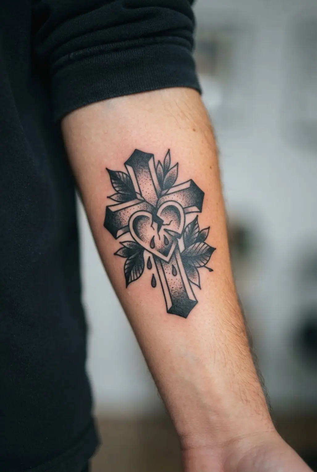 A broken black cross frames a bleeding heart with small drops, bold outlines, and dark surrounding leaves.