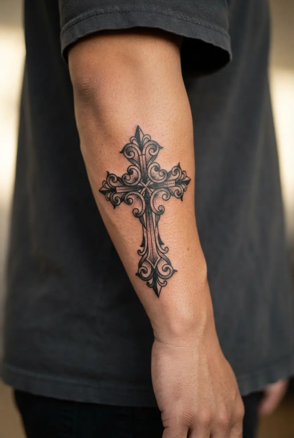 Gothic cross tattoo ideas featuring blackwork iron filigree around a tall cross with crisp forearm alignment.