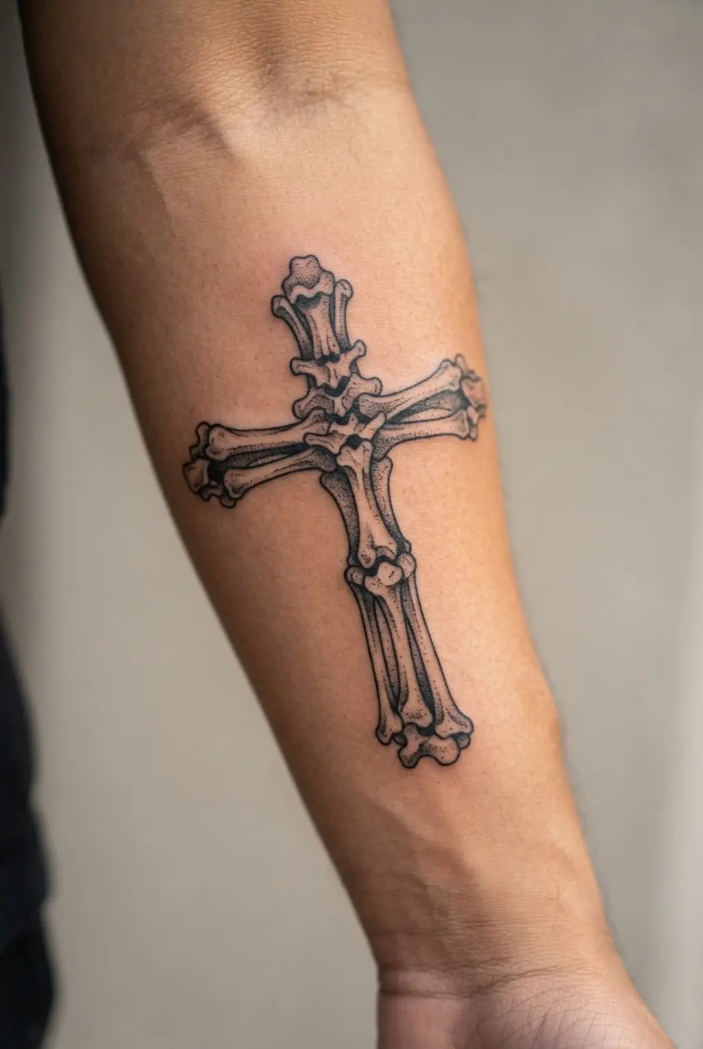 A gothic cross formed from visible bone sections shows skeletal joints, dark gaps, and carefully shaded edges.