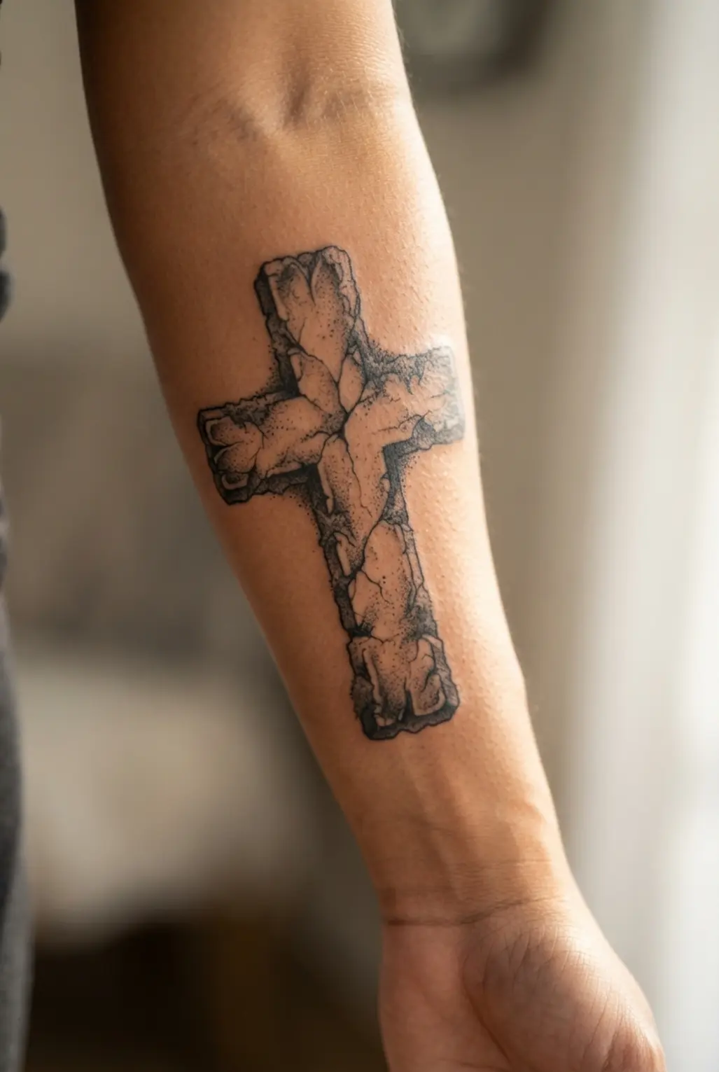 Gothic cross tattoo ideas showing a cracked stone cross with moss details, heavy shadows, and aged edges.
