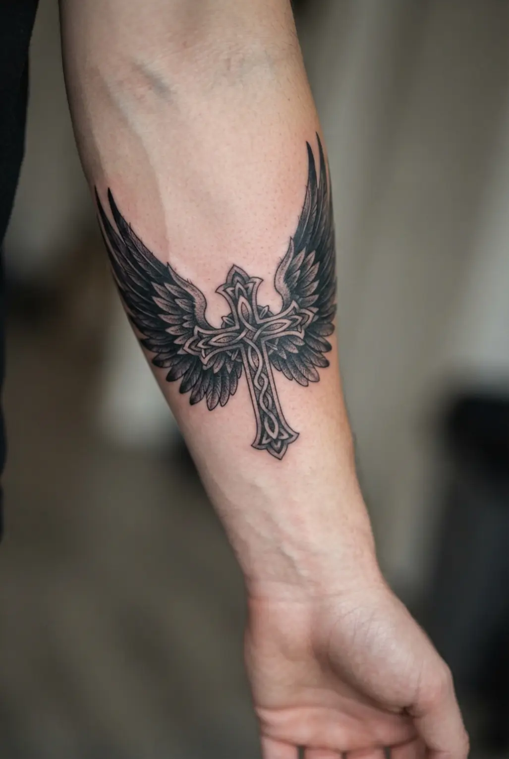 Gothic cross tattoo ideas featuring raven wings spread behind a black cross with layered feather shading.