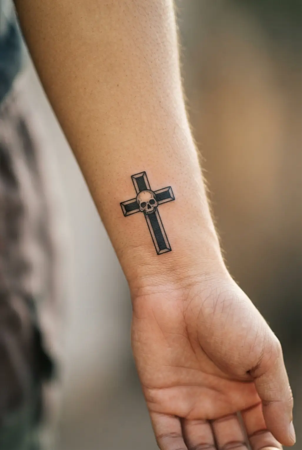 Gothic cross tattoo ideas showing a small skull centered inside a bold black cross with clean outlines.