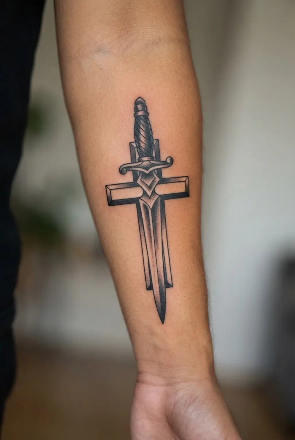 Gothic cross tattoo ideas featuring a dagger through a tall vertical cross with sharp black shading.