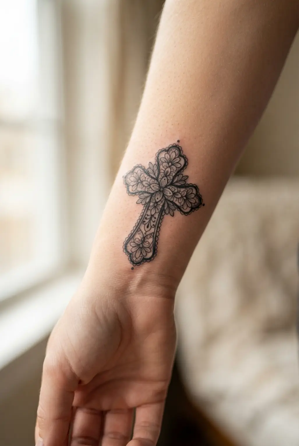 Gothic cross tattoo ideas showing a delicate lace cross with open gaps, thin lines, and floral edges.