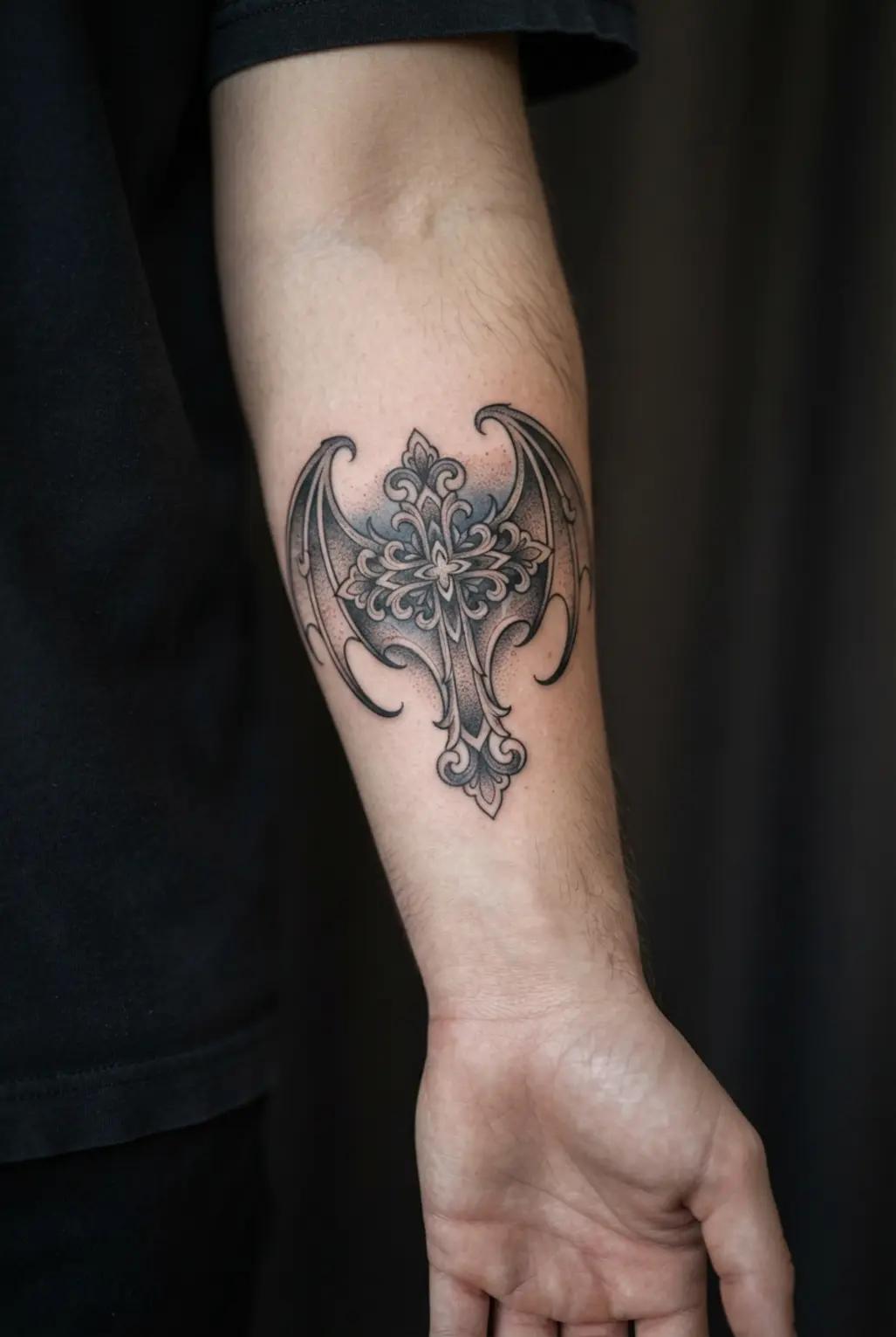 Gothic cross tattoo ideas featuring bat wings around a filigree cross with blackwork curves and shadows.