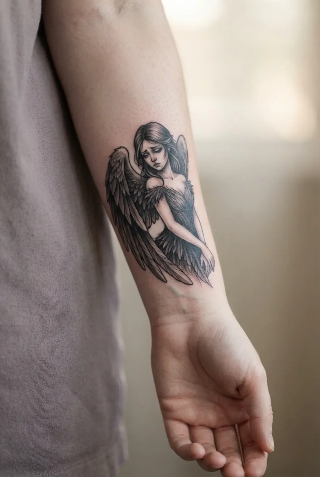Gothic fairy tattoo designs show a mourning fairy with raven wings in black and grey ink.