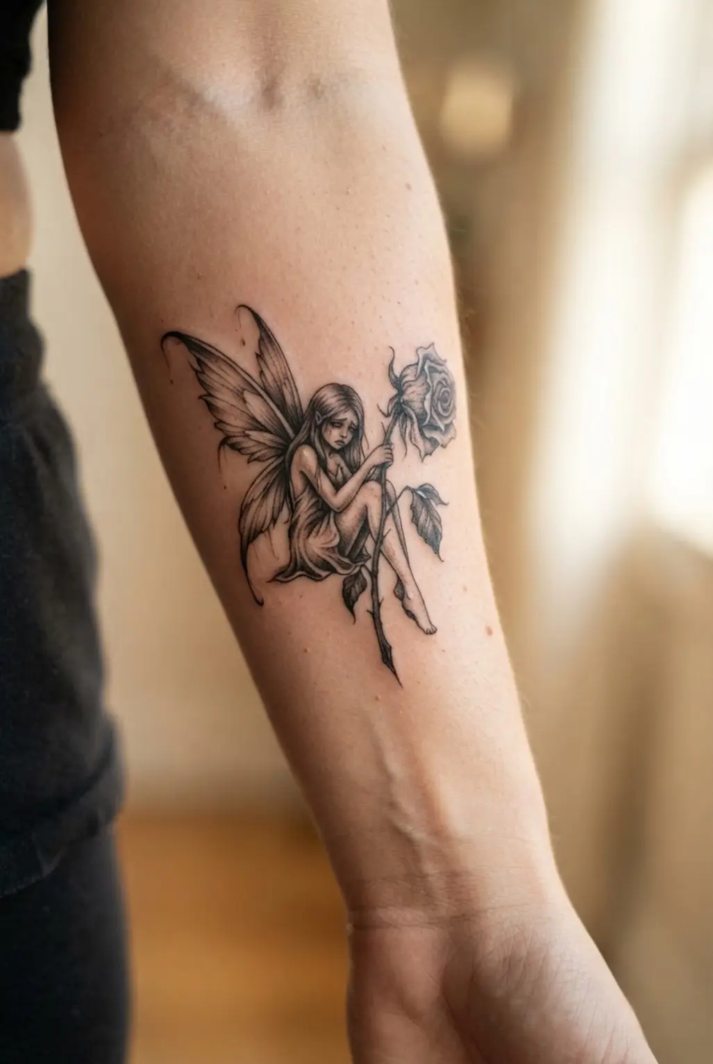 A fairy holds a withered rose beneath delicate wings, with dark shading across the figure.