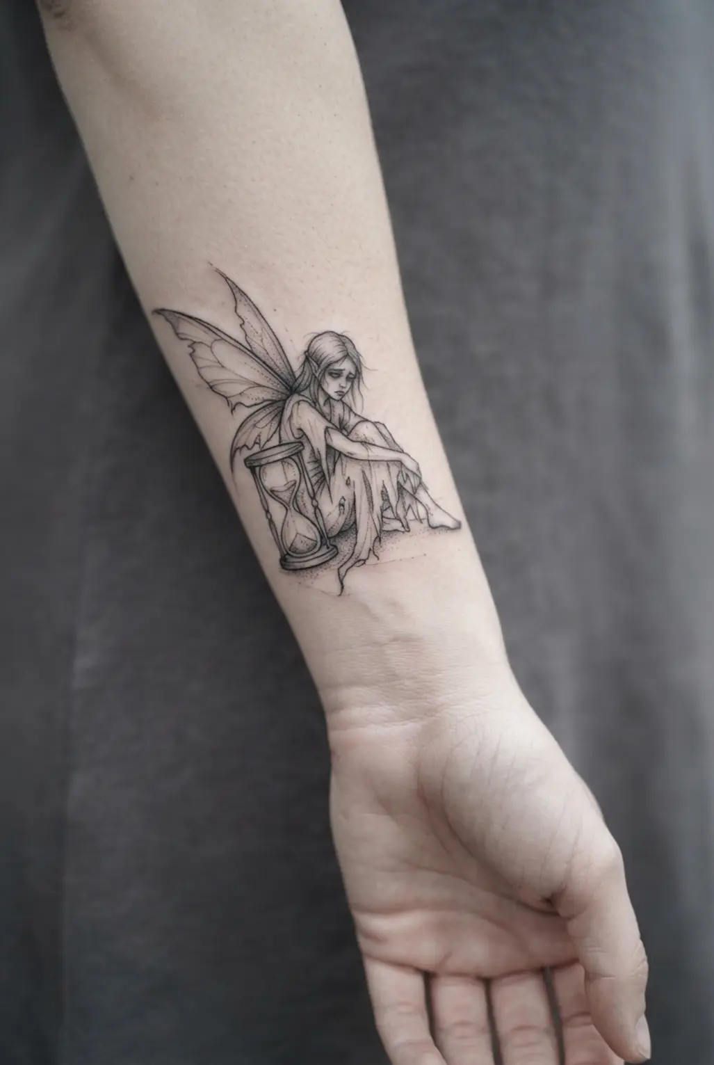 Melancholic fairy seated beside an hourglass, drawn with thin black lines and soft grey shadows.