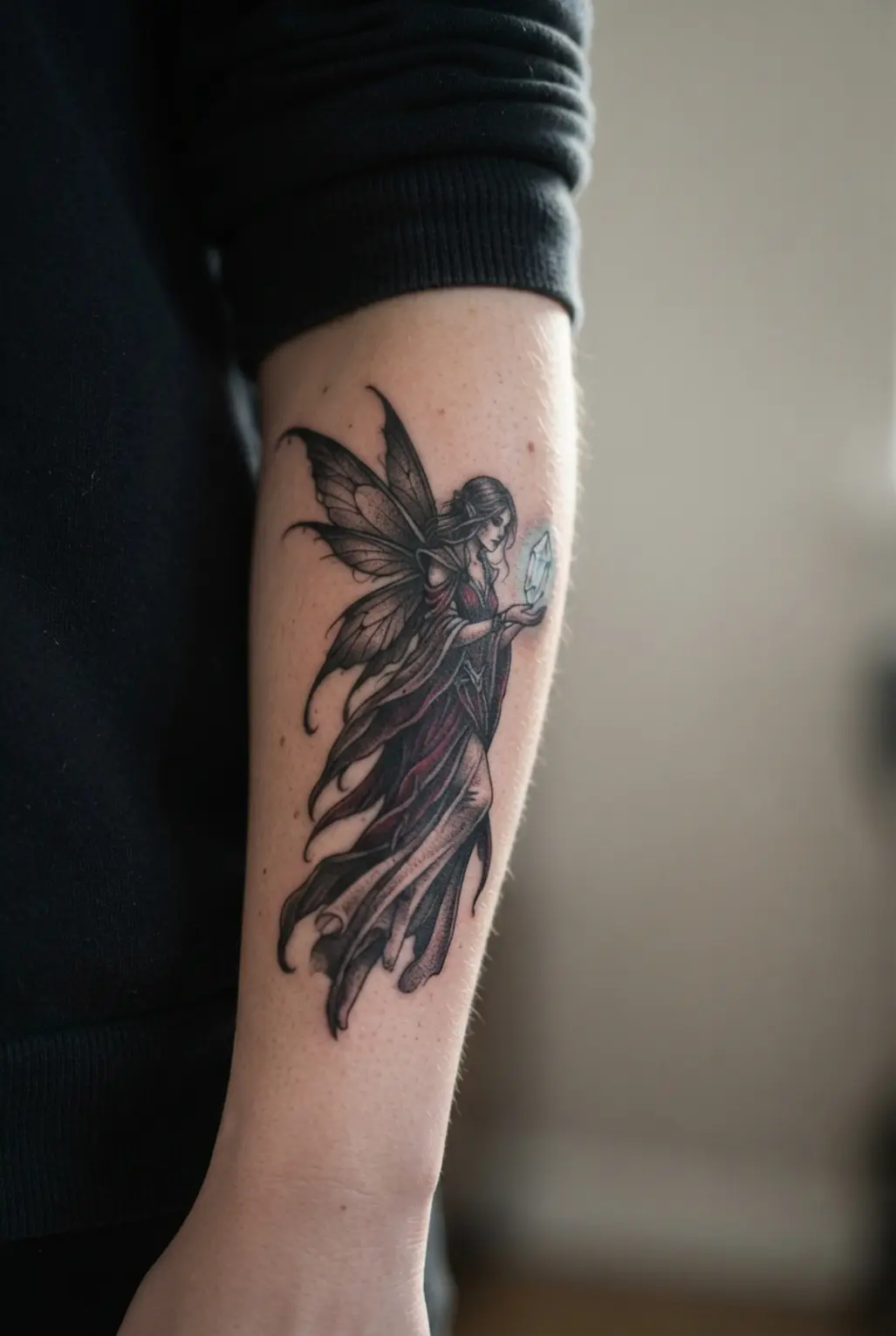 A shadow world fairy holds a crystal between dark wings, with charcoal and deep crimson accents.