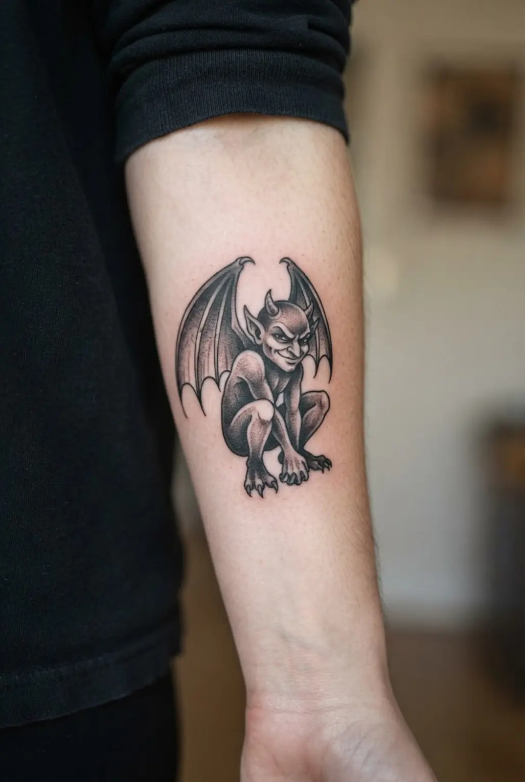 A dark fantasy imp with bat wings crouches in a compact black ink tattoo composition.