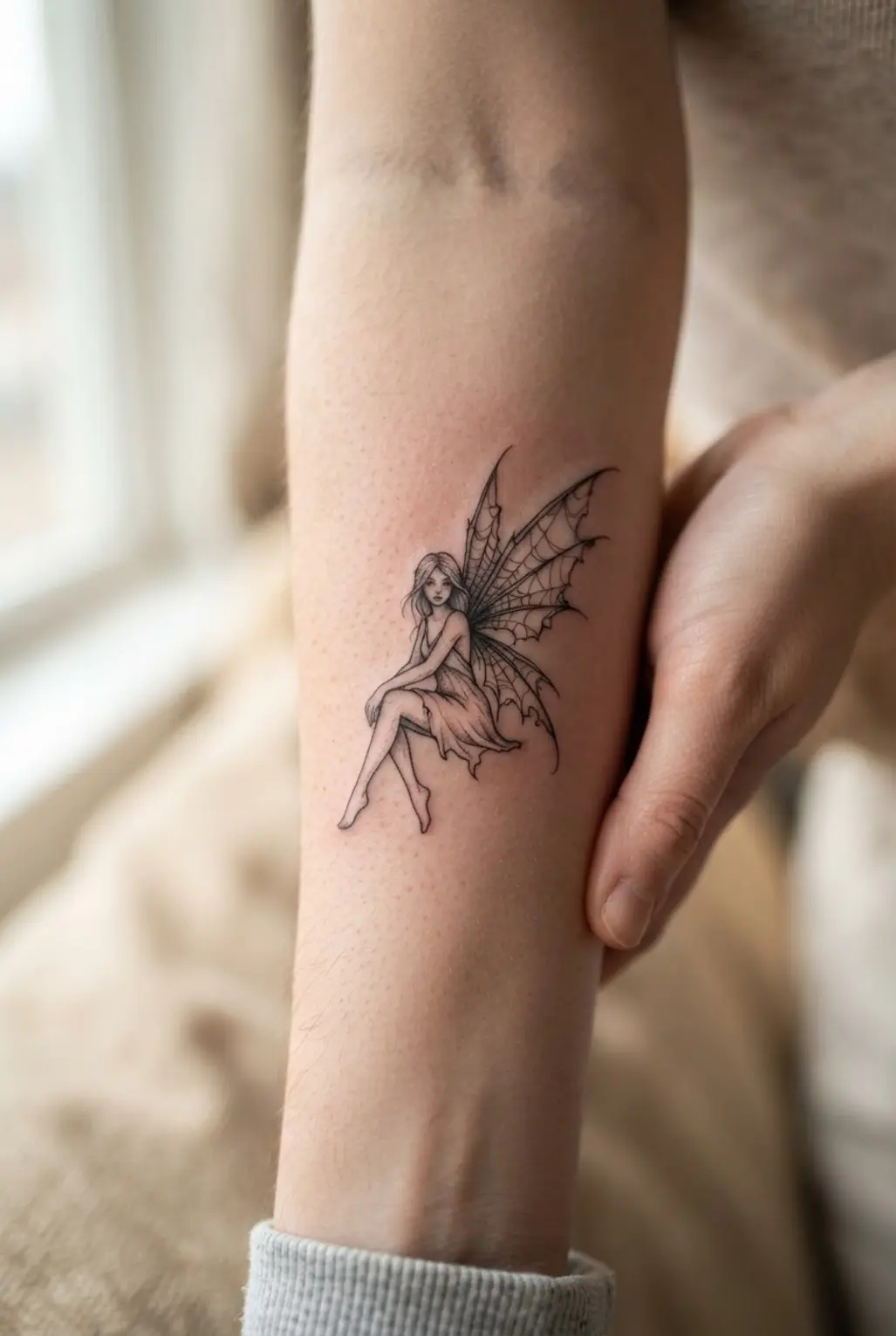 A fairy with tattered cobweb wings appears in fine black ink, with visible web strands and wing veins.