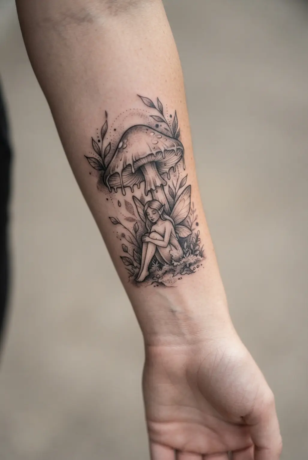 A seated fairy rests beneath an ink cap mushroom, surrounded by small forest leaves and shadows.