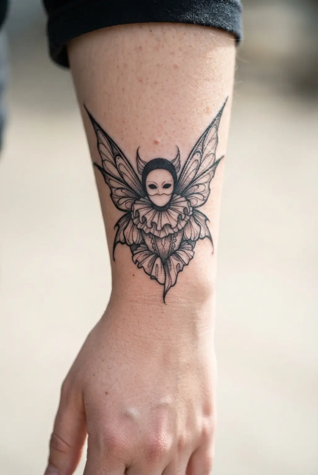 A gothic fairy wears a white Pierrot mask, pointed wings, and a ruffled collar in black ink.