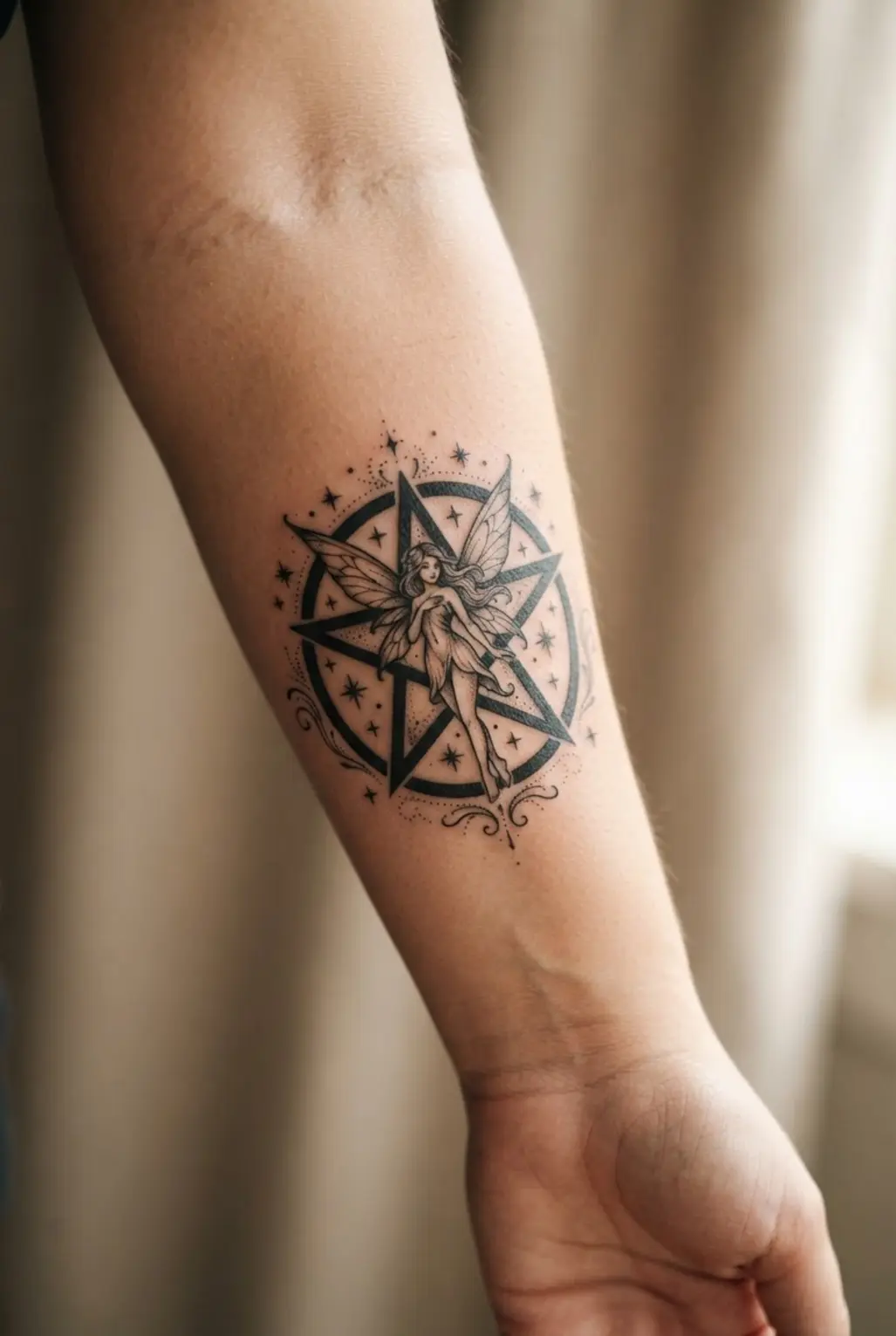 A winged fairy stands inside a pentagram frame, with black ink stars and ornamental lines.