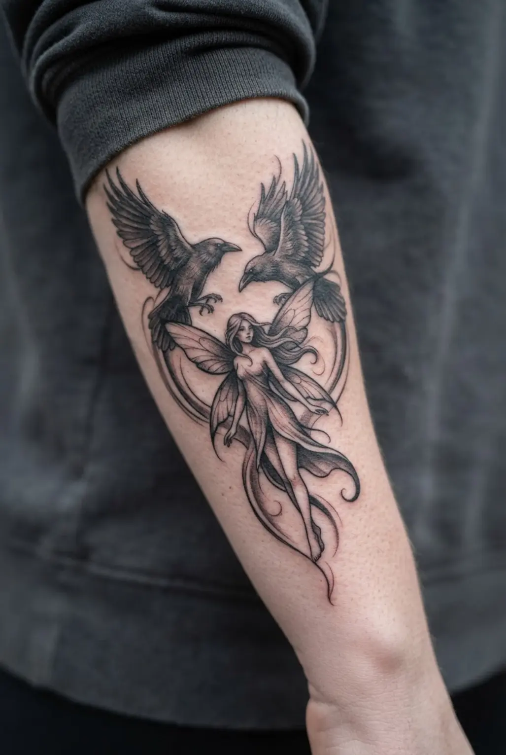 A fairy stands beneath two ravens in flight, with sweeping wings and charcoal feather details.